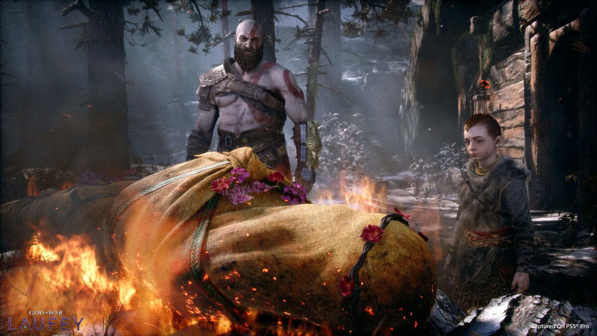 Kratos and Atreus at Faye's funeral pyre
