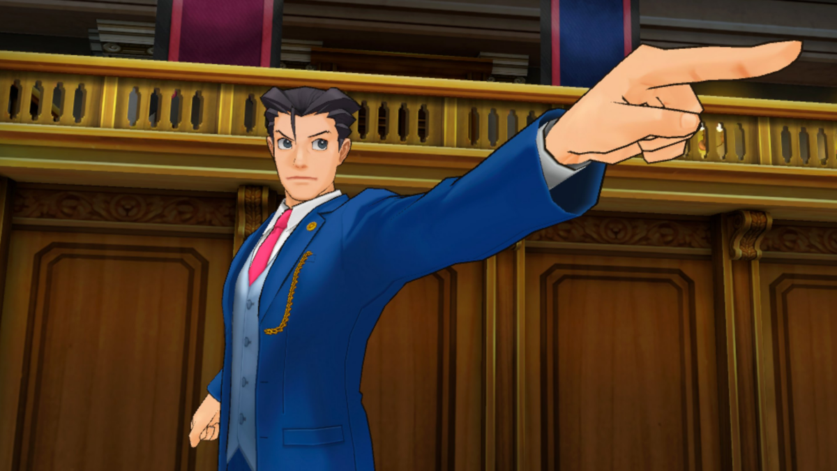 Phoenix Wright tritt in Ace Attorney – Dual Destinies VR in einem virtuellen Gerichtssaal auf.