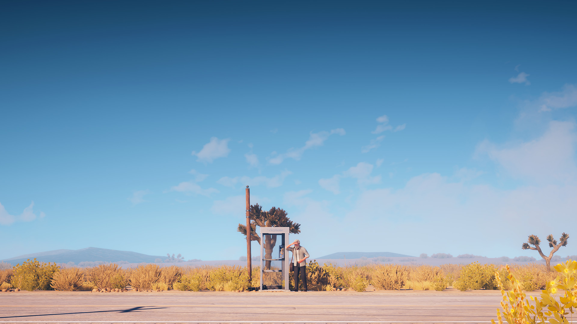 Alfred at a telephone booth in the middle of a desert landscape in the game Forever Ago