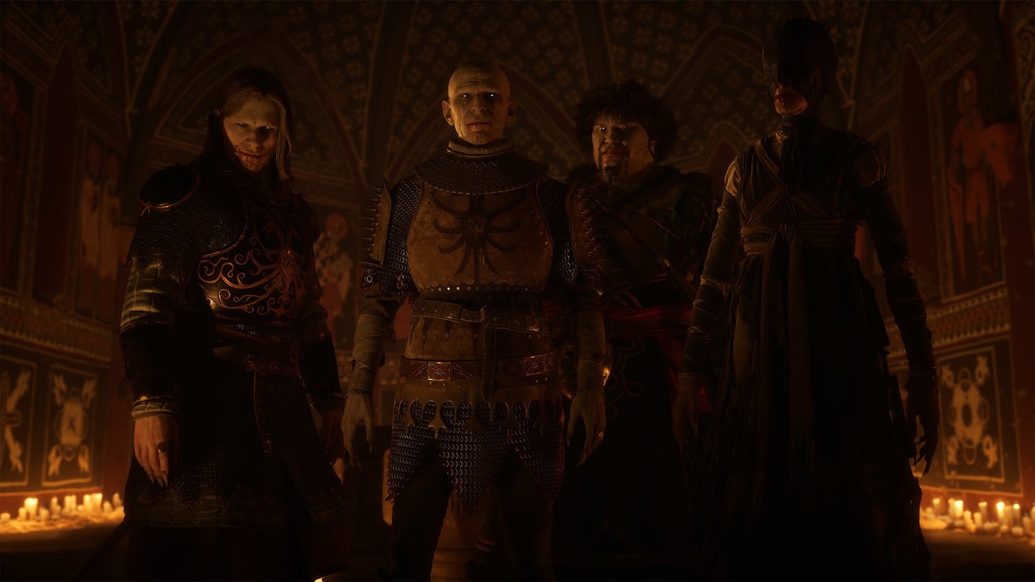 Несколько вооружённых персонажей стоят в зале The Blood of Dawnwalker