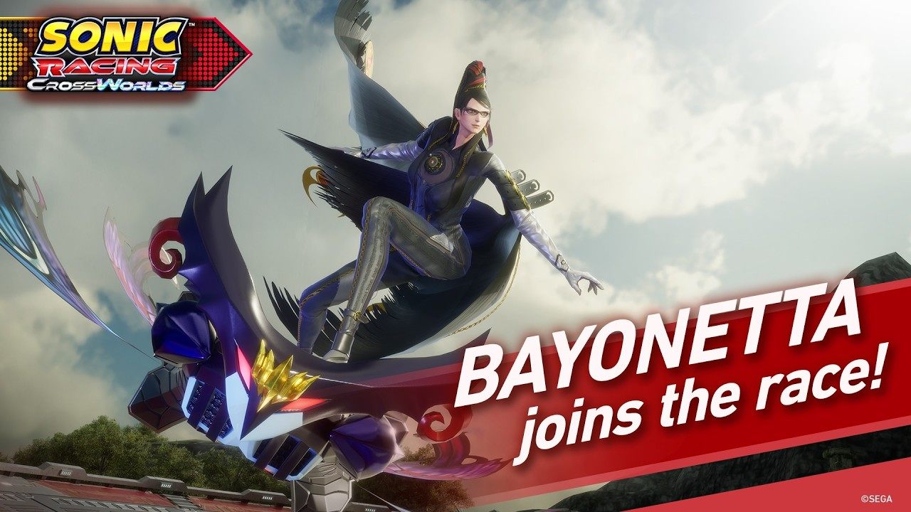 Bayonetta auf der Sonic Racing CrossWorlds-Strecke aus dem offiziellen Teaser