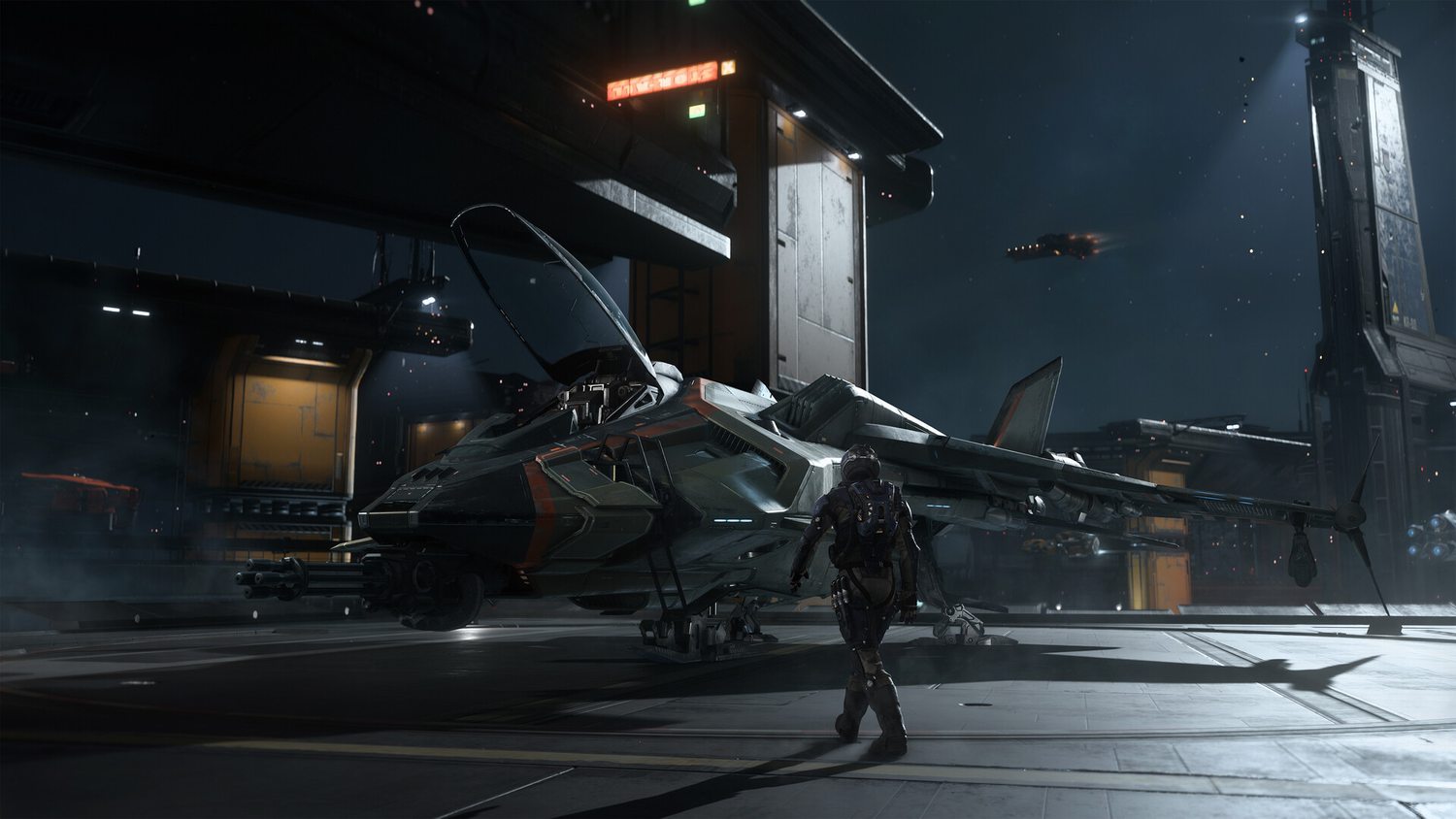 Kampfraumschiff in einem dunklen Hangar der Staffel 42