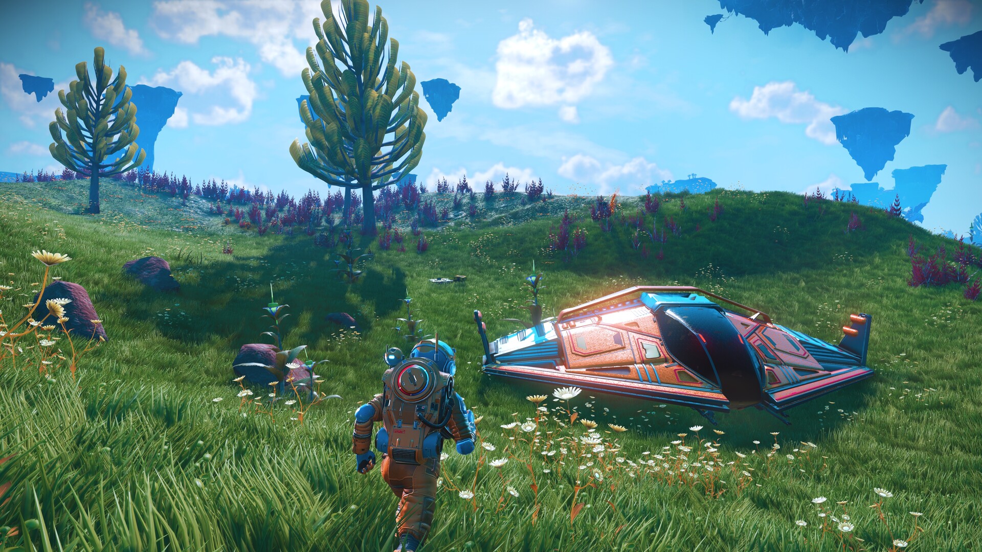 Exploración de paisajes y planetas de No Man's Sky para PC.La captura de pantalla ilustra el mundo del juego, pero no la interfaz móvil.