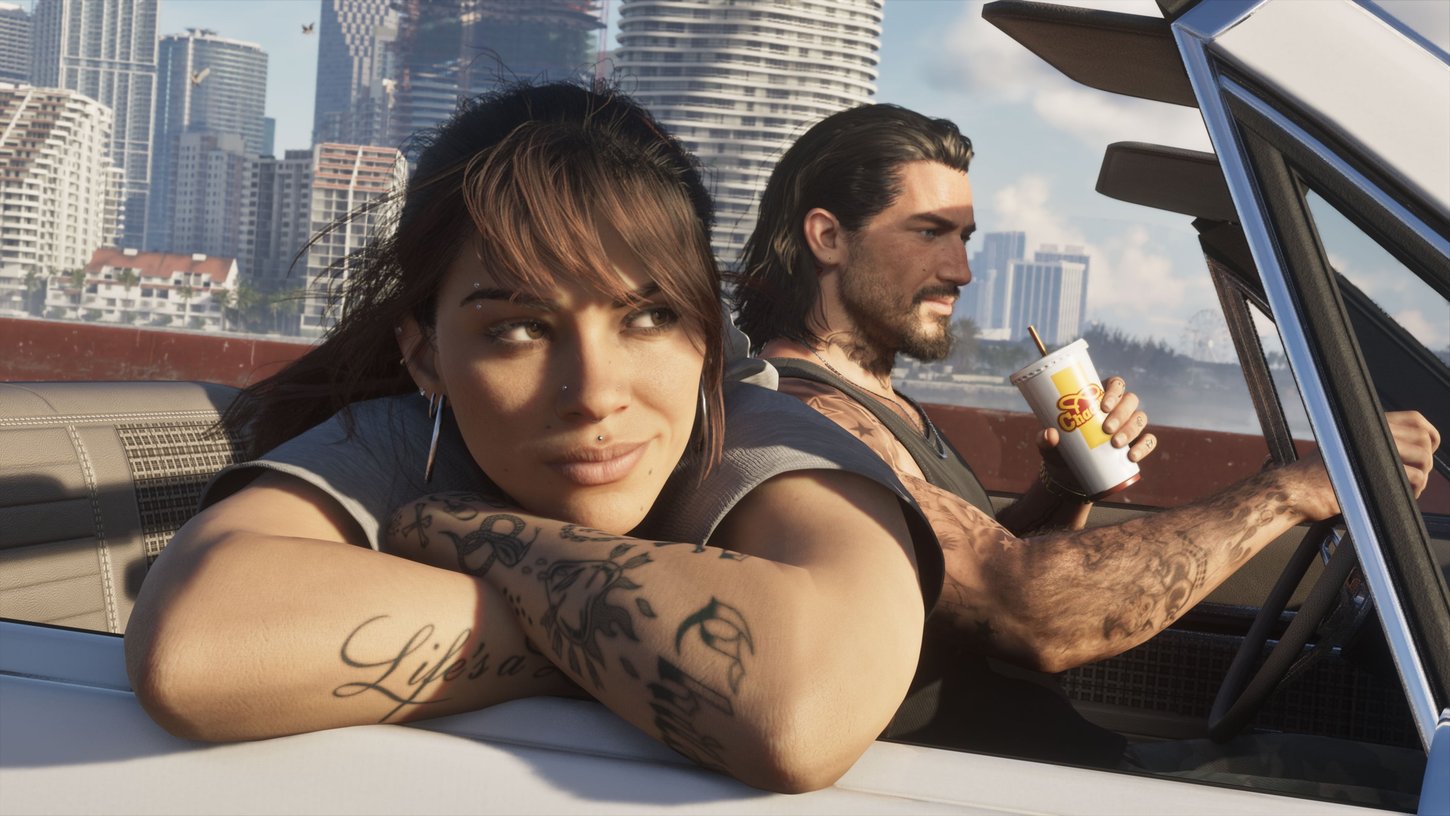 Главные герои Grand Theft Auto VI на фоне Vice City. Официальный скриншот Rockstar.
