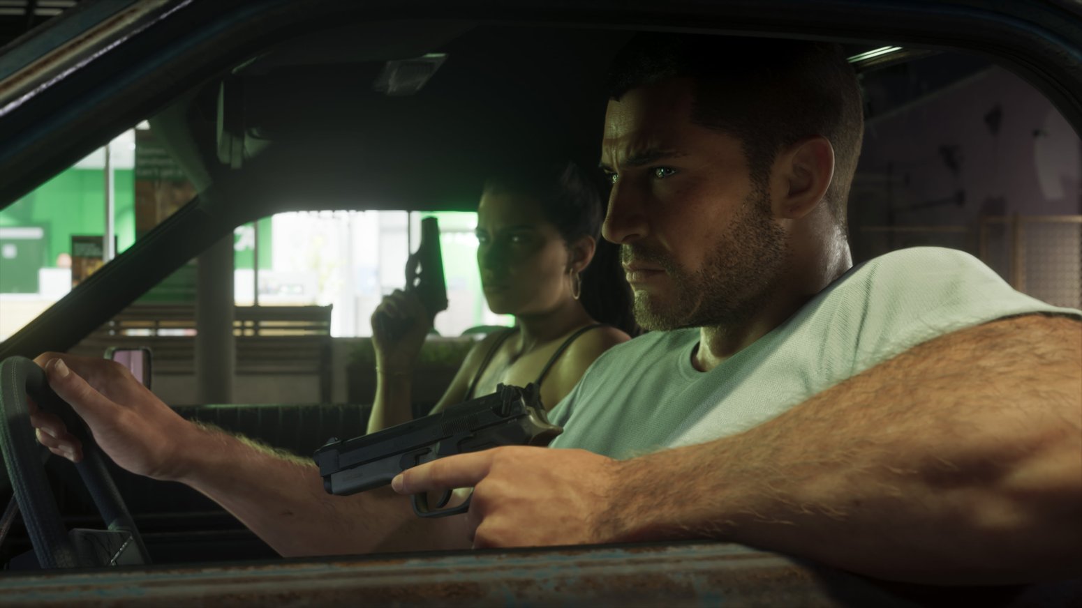 Jason und Lucia im Auto – offizielles Spielmaterial von GTA VI von Rockstar Games.