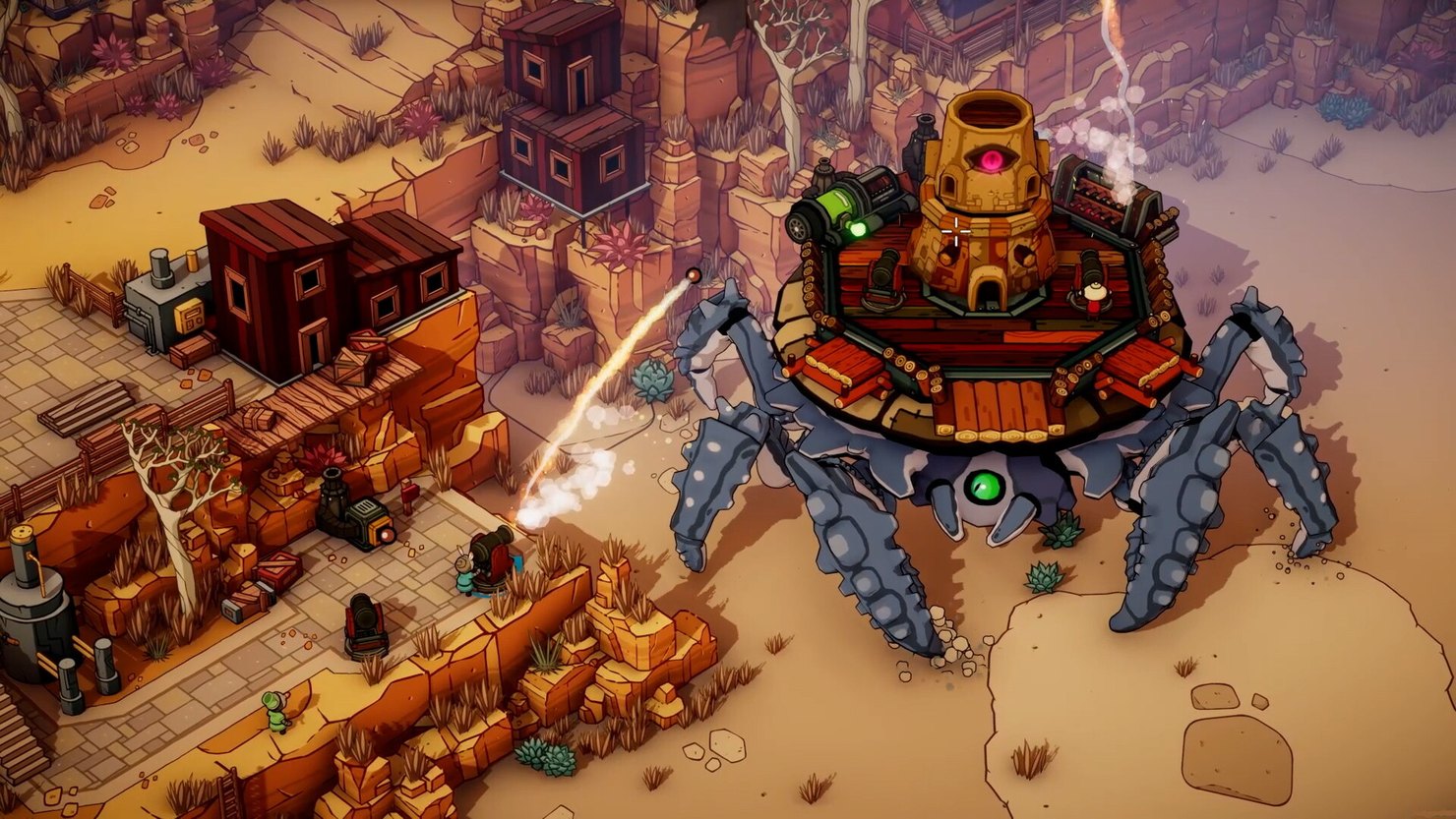 Un cangrejo de guerra andante se abre paso a través de un asentamiento en el desierto en DuneCrawl.