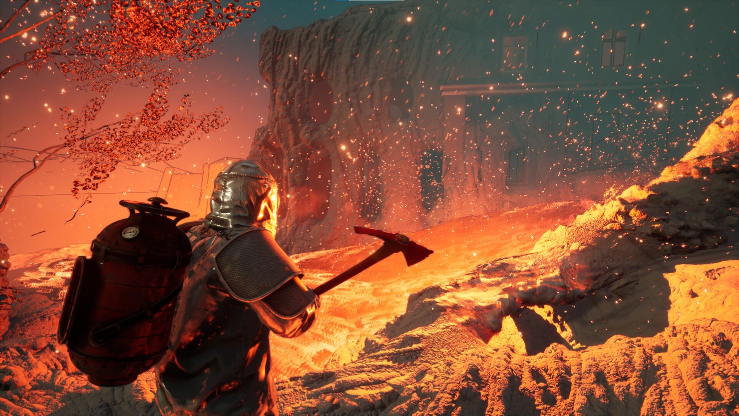 In „Into the Fire“ macht sich ein Retter auf den Weg durch ein mit Asche bedecktes Tal.