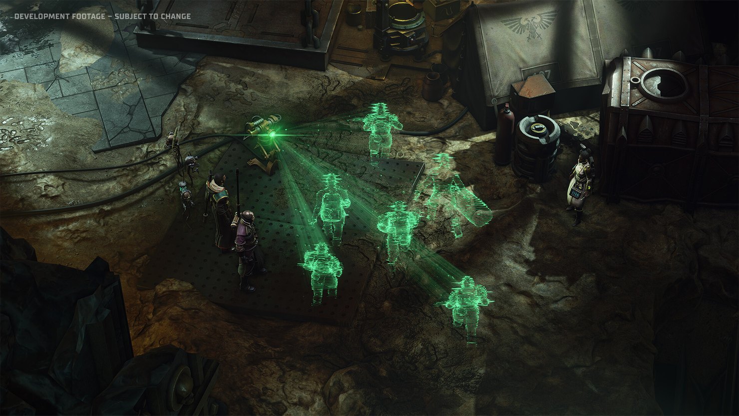 Grüne holografische Figuren in einem dunklen Raum: Untersuchung in Warhammer 40.000: Dark Heresy.