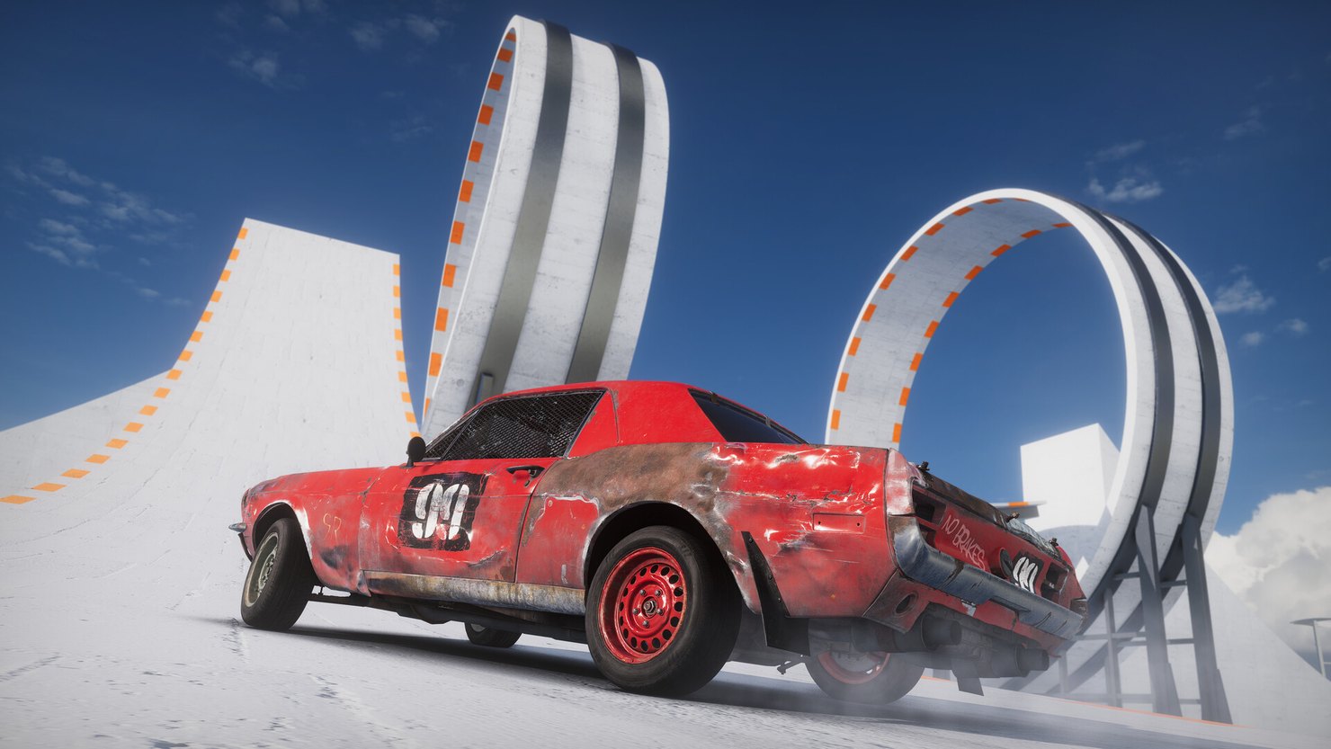 Автомобиль едет к двойной мёртвой петле в Wreckfest 2.