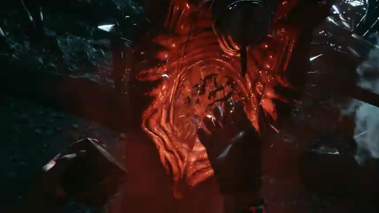 Aiden streckt seine Hand nach dem blutigen, rot leuchtenden Krater in der Wand des Labyrinths aus
