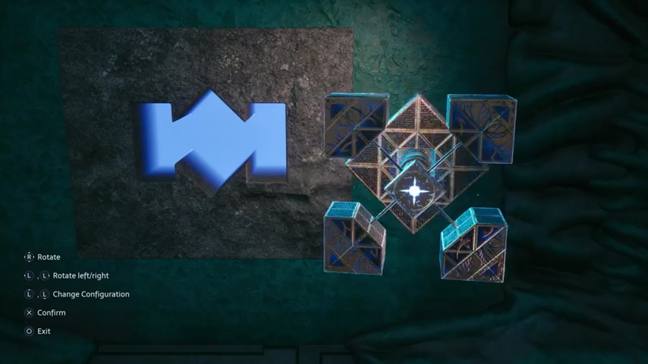 Puzzle-Bildschirm: links blauer komplexer Ausschnitt und rechts Genesis-Konfiguration, unten Steuertipps