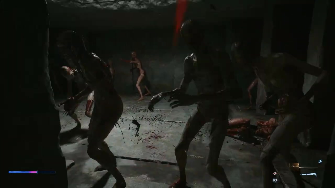 Группа изуродованных врагов в тёмной бетонной комнате в Hellraiser: Revival