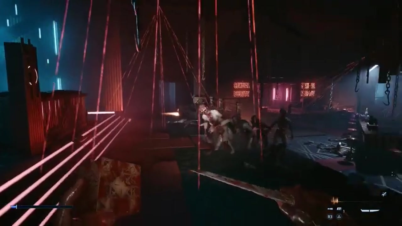 Salón del club con rayos láser rojos y una multitud de enemigos cerca del escenario en Hellraiser: Revival