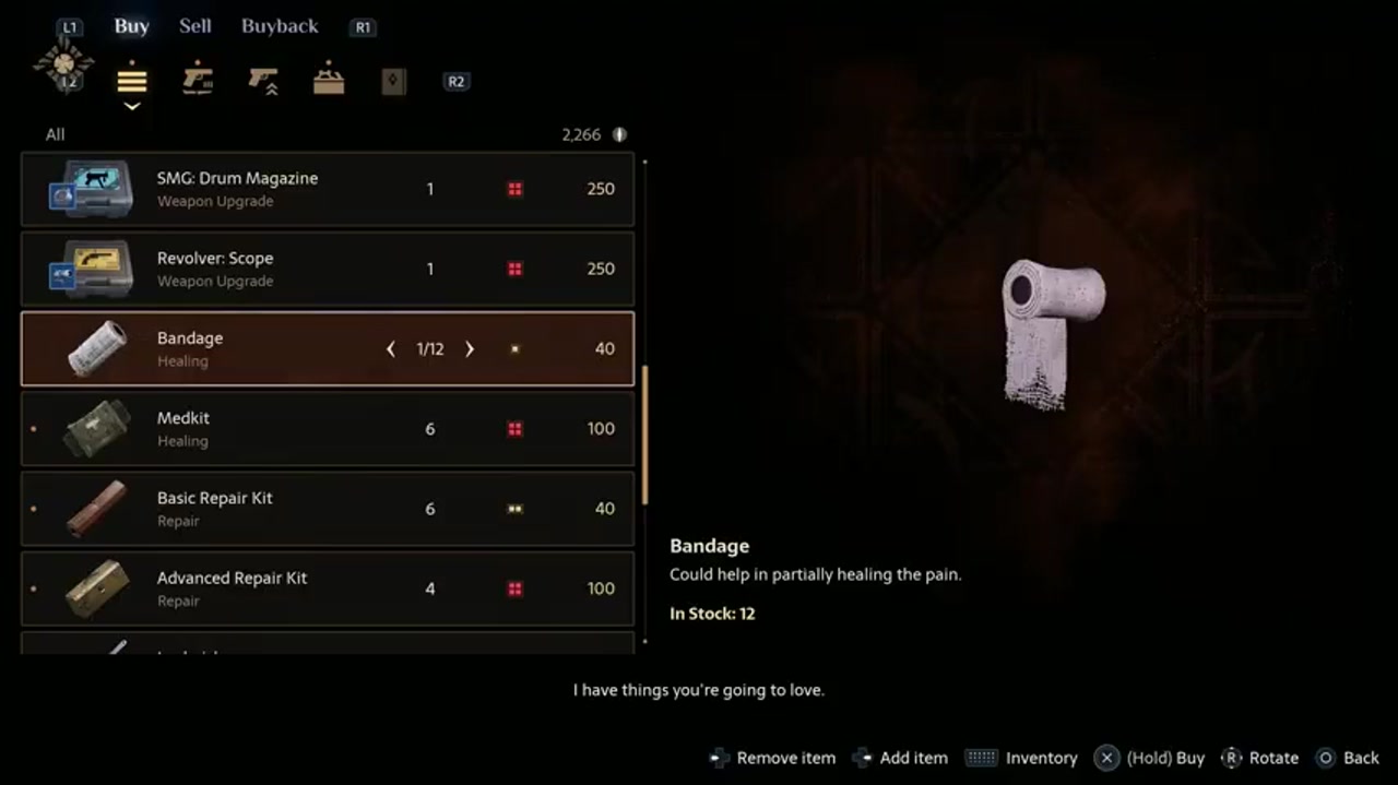 Kauffenster im letzten Shop: Waffen-Upgrades, Bandagen, Erste-Hilfe-Sets und Reparatursets, 2266 Münzen auf dem Konto, in Hellraiser: Revival