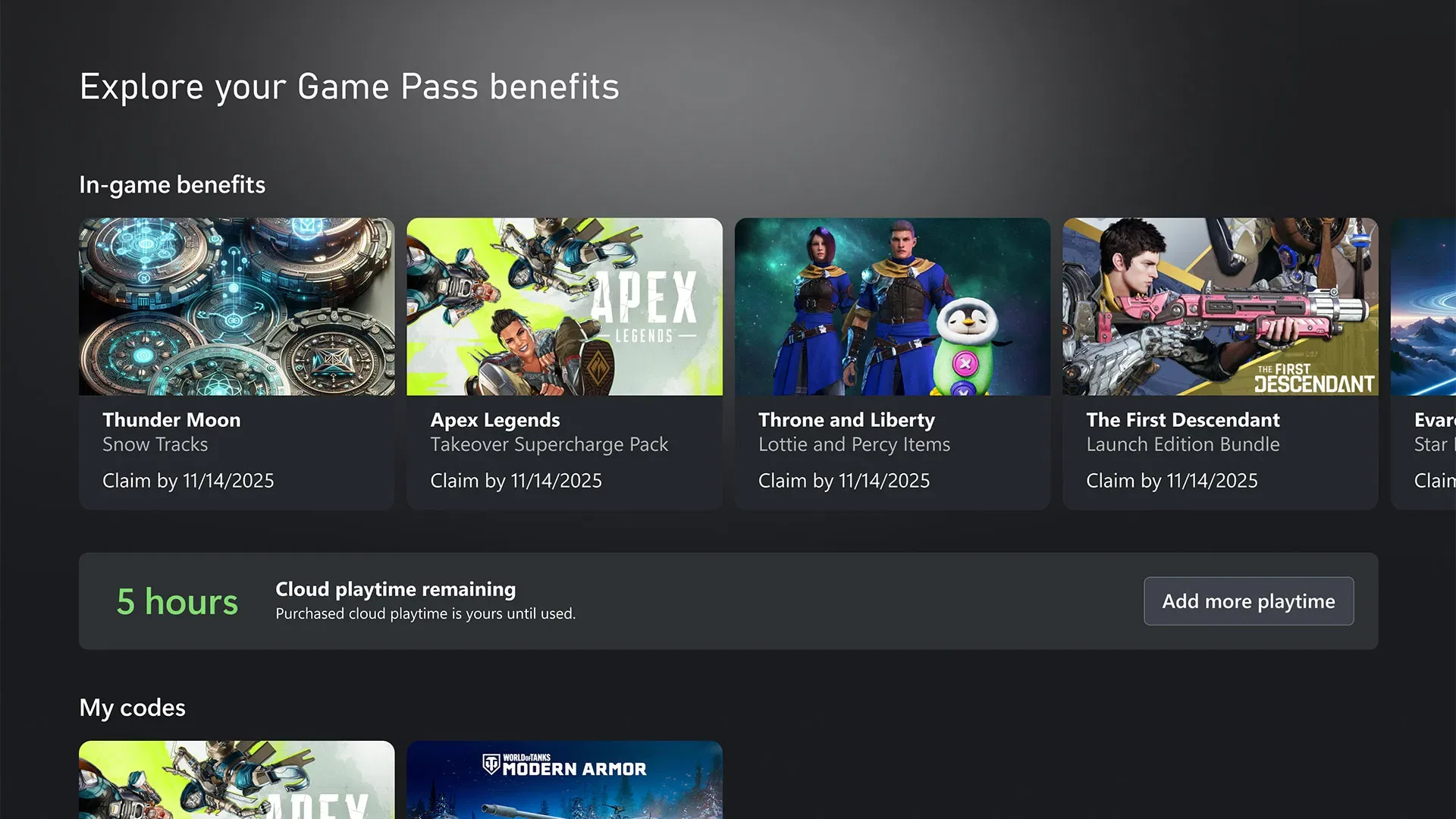 Экран Xbox с блоком «Cloud playtime remaining: 5 hours» и кнопкой «Add more playtime»