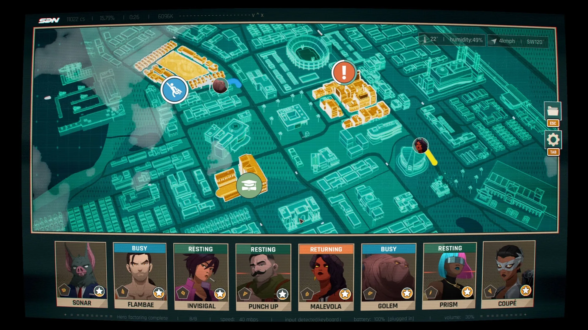 Stadtplan mit Heldenkarten im Spiel Dispatch