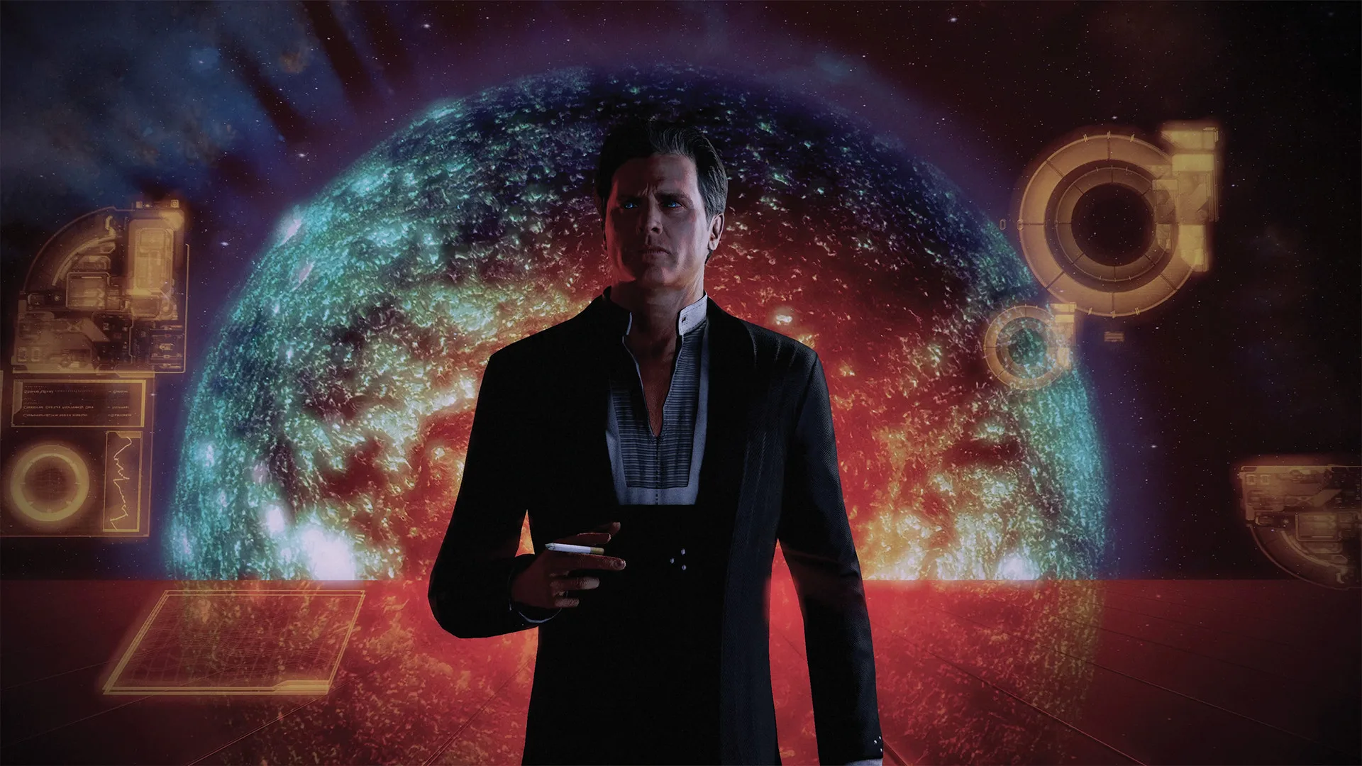 Ein Mann in einem dunklen Anzug mit einer Zigarette vor dem Hintergrund eines leuchtenden Planeten in Mass Effect 2