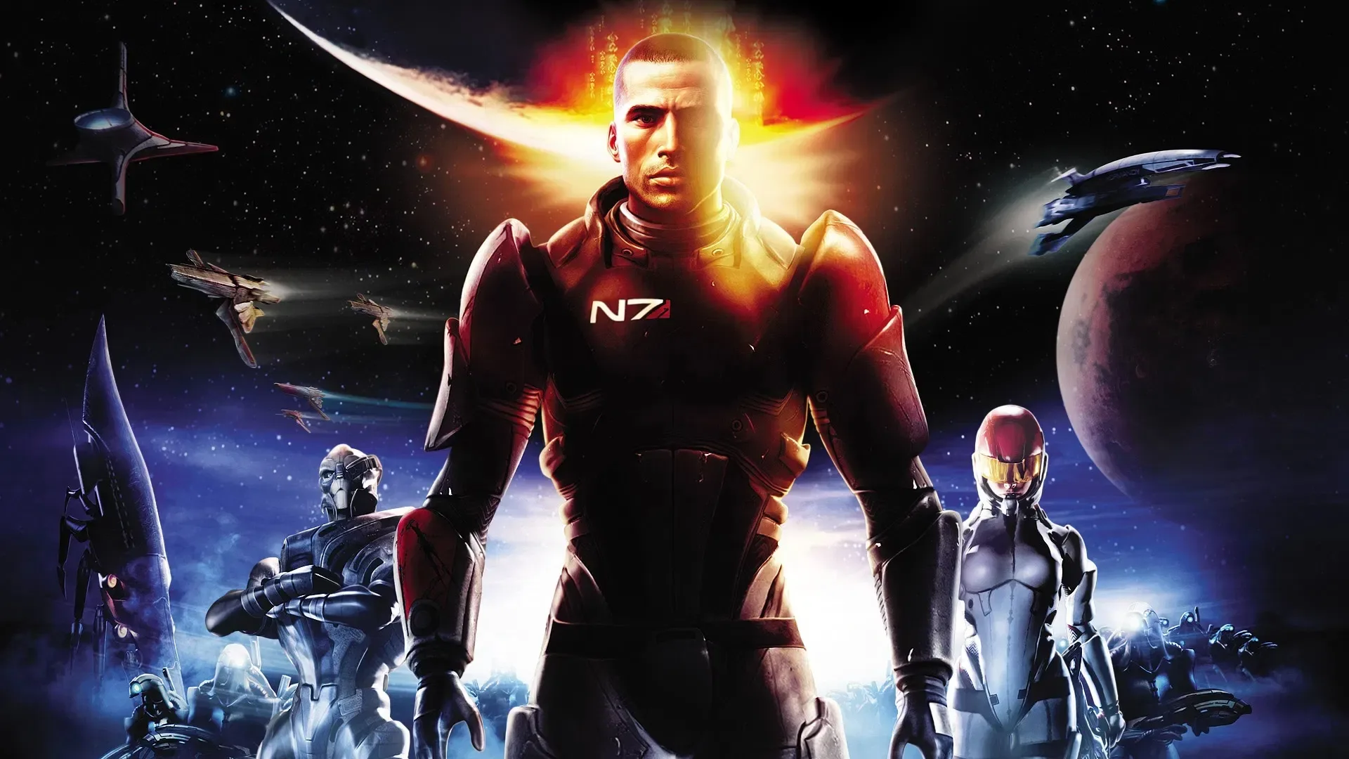 Comandante Shepard con armadura N7 con el telón de fondo de naves espaciales y planetas, arte Mass Effect