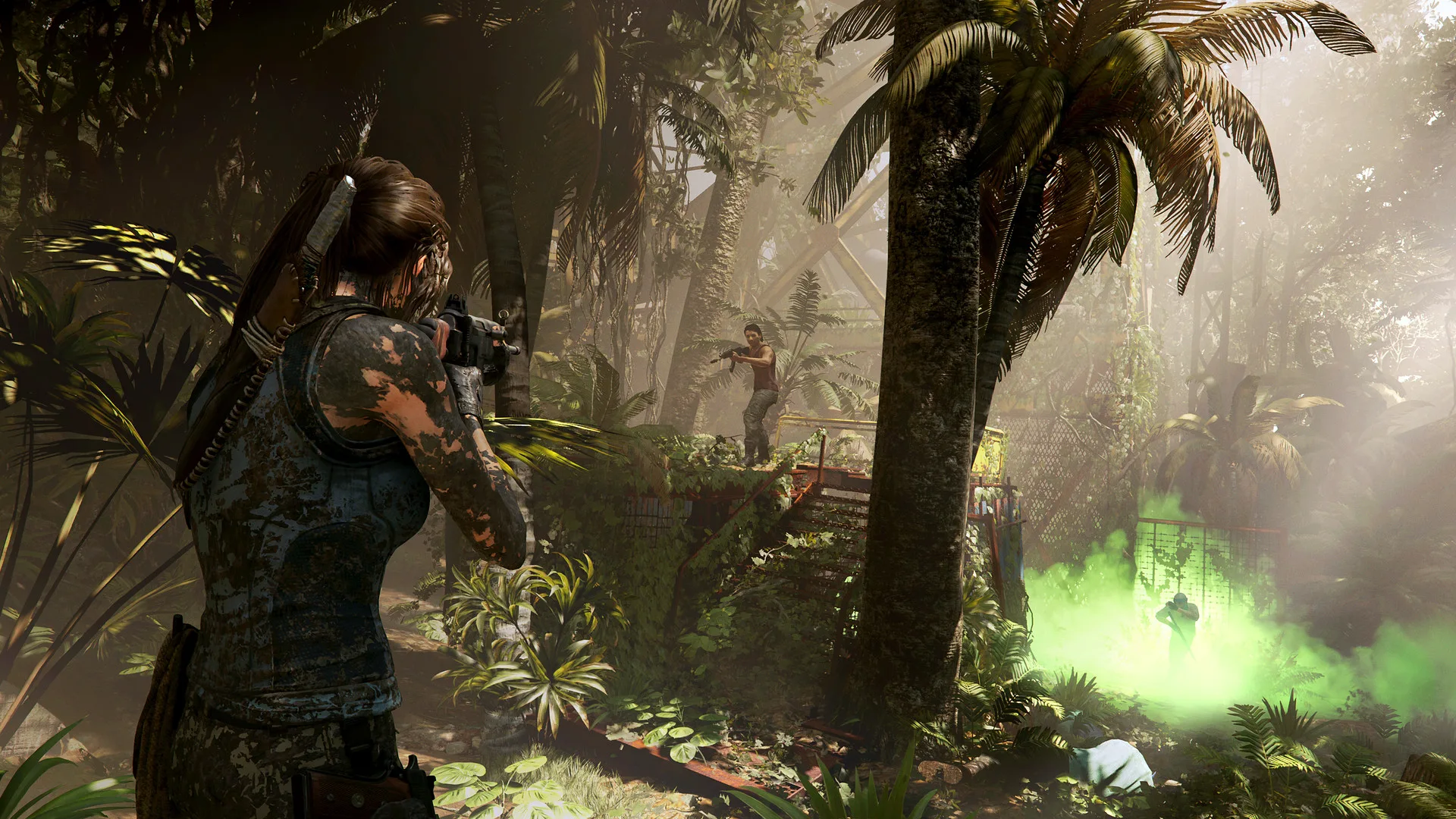 Lara Croft takes aim with a bow in the jungle in Shadow of the Tomb Raider