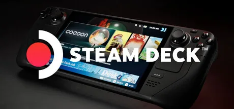 Portable Steam Deck console on a dark background with the Steam main screen