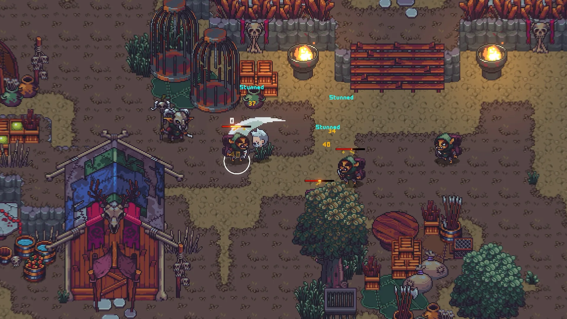 The hero hits hooded goblins with weapons near a camp with cages and fires in Emberville