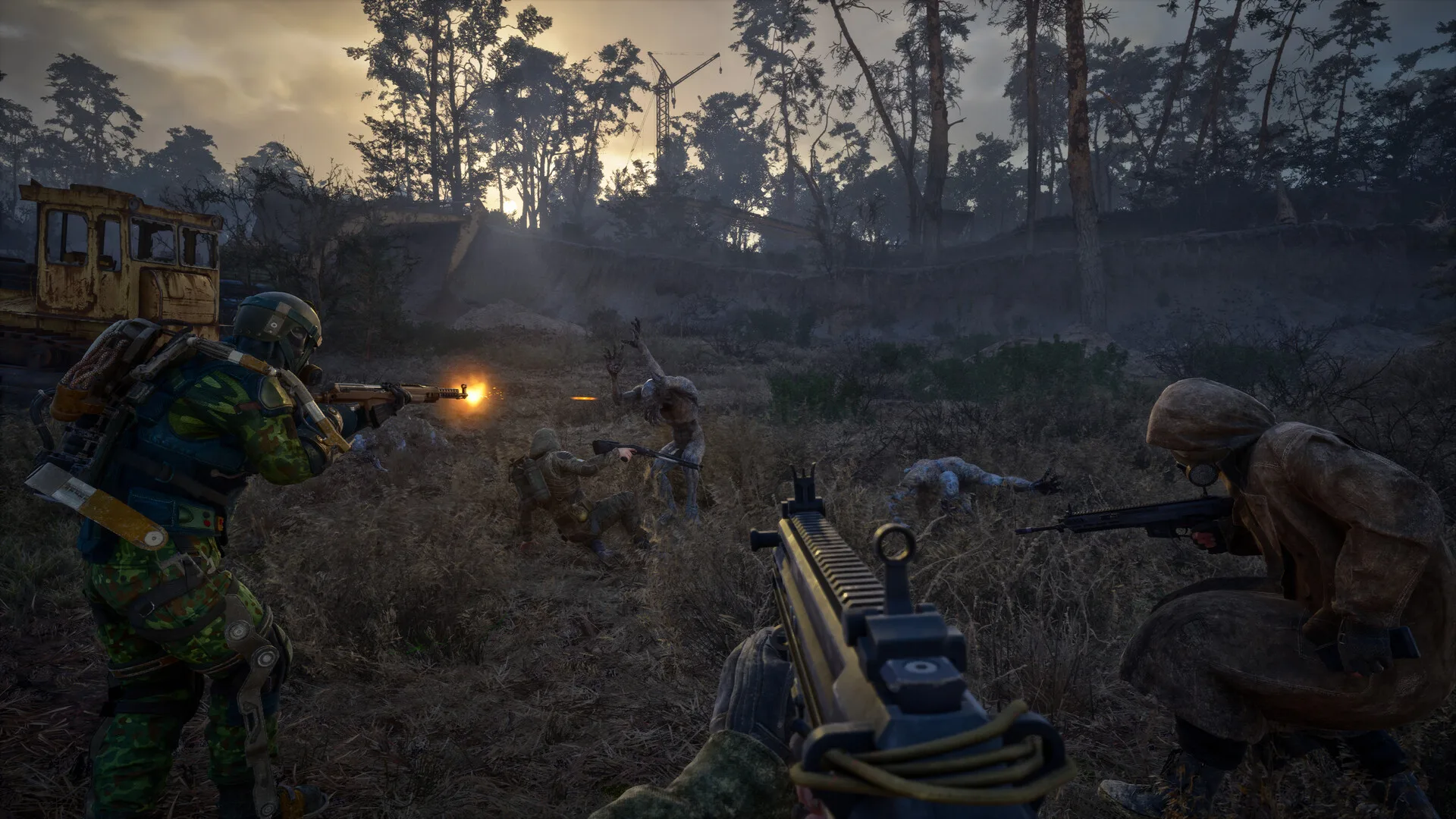 Soldiers in camouflage shoot back from mutants in a field near a forest in S.T.A.L.K.E.R.2