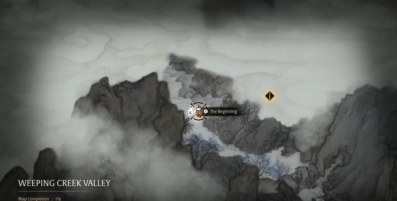 Mapa de la región de Weeping Brook Valley con marcador de campana.Marco de recorrido del juego;juego S-GAME.