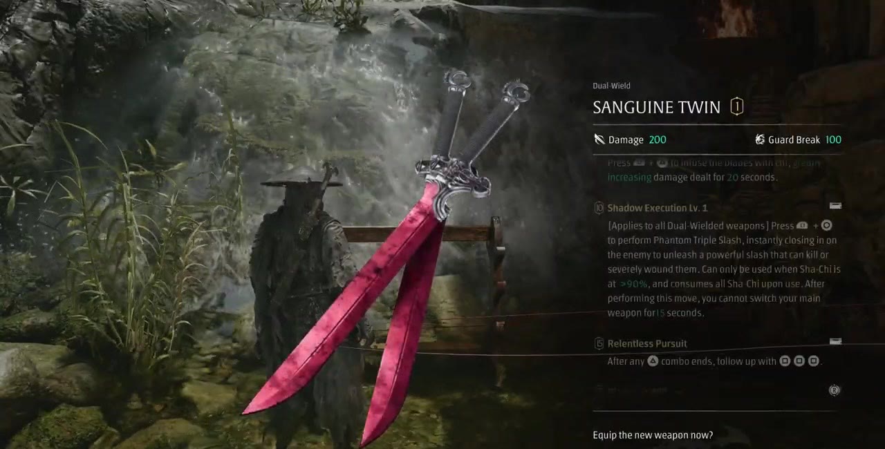 Menú para la nueva arma dual Sanguine Twin.Marco de recorrido del juego;juego S-GAME.